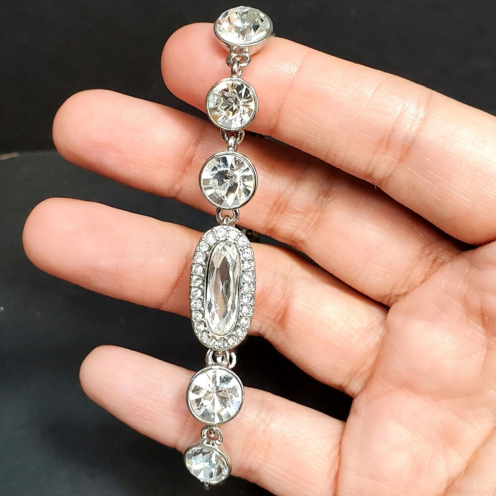 Givenchy Clear Rhinestone Silver Tone Bracelet 7" Signed Vtg